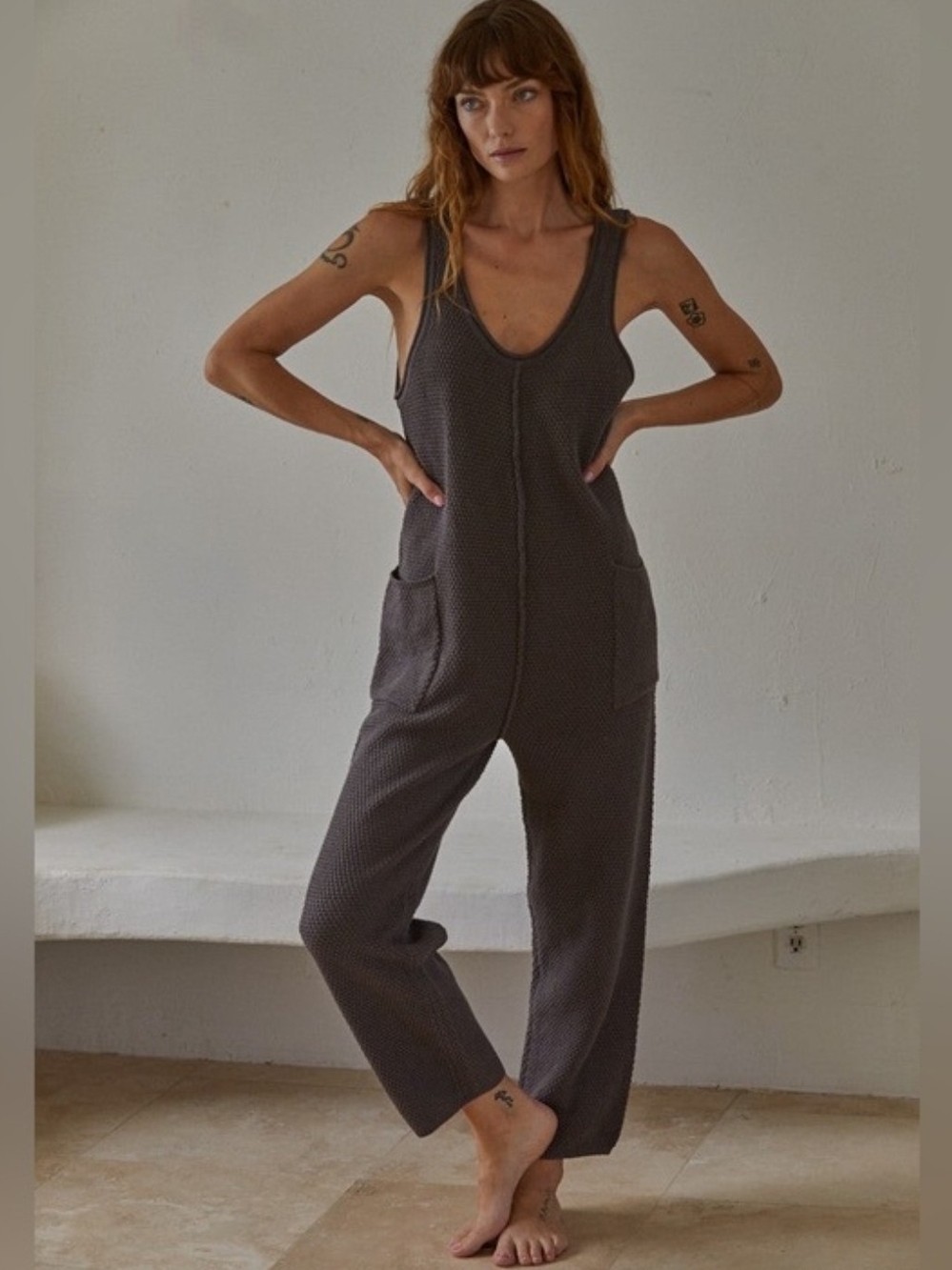 Free People Beach Hailee Sleeveless Waffle-Knit Jumpsuit in Charcoal Gray Small